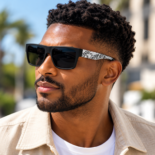 Men's Polarized Square Sunglasses – Black Frame with Paisley Temple Design