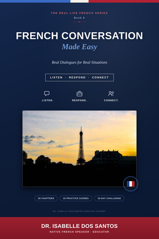 French Conversation Made Easy eBook by Dr. Isabelle Dos Santos, with real-life French dialogues, practice scenes, and a 30-day conversation challenge