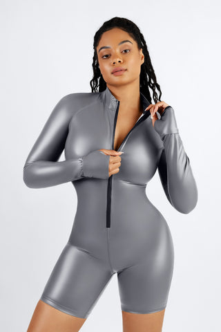 Women's Long Sleeve Sculpting Activewear Romper – High Neck Zip-Up Bodysuit