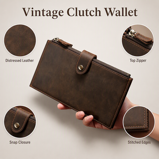Men's Vintage Crazy Horse Genuine Leather Clutch Wallet – Dark Brown