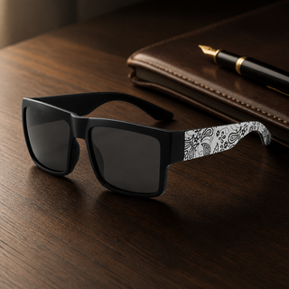 Men's Polarized Square Sunglasses – Black Frame with Paisley Temple Design